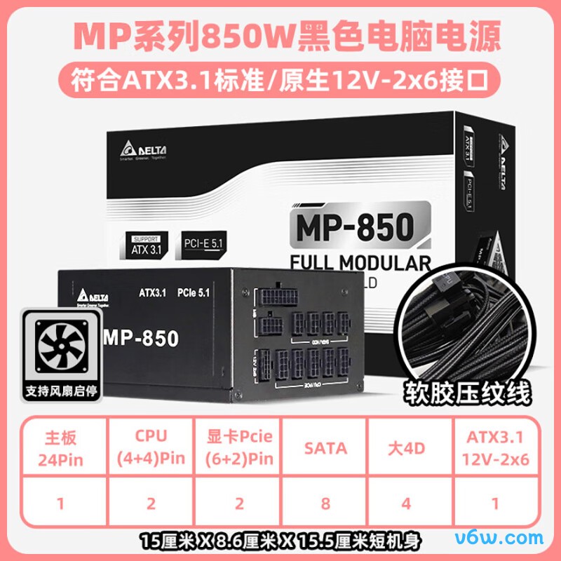 台达 850W MP850黑色压纹线版电脑电源图片